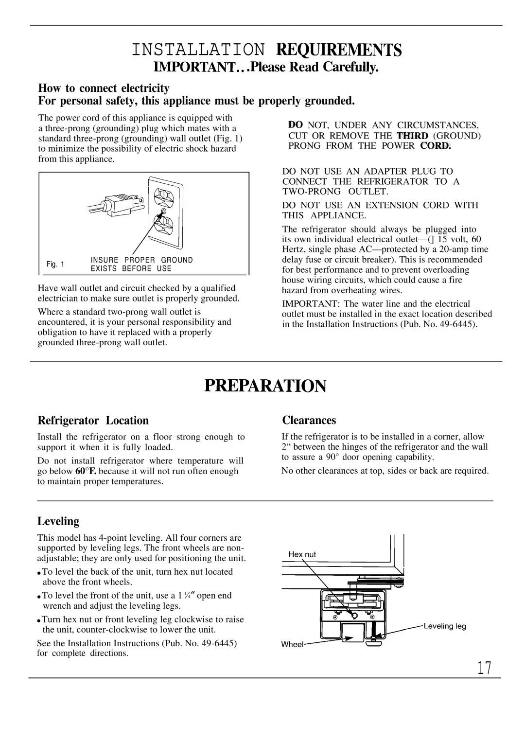 GE Monogram ZISW36D, ZISB36D, ZIS36N manual Refrigerator Location, Clearances, Leveling 