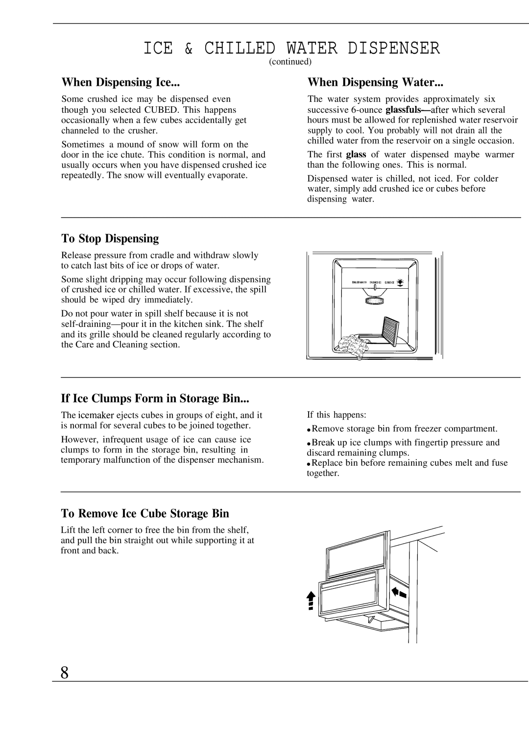 GE Monogram ZISW36D When Dispensing Ice, When Dispensing Water, To Stop Dispensing, If Ice Clumps Form in Storage Bin 