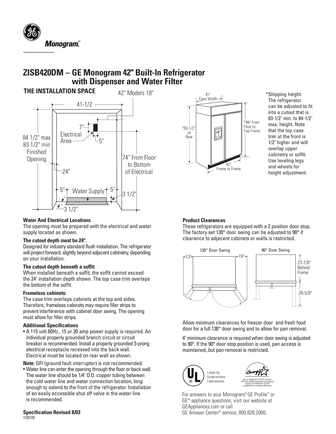 GE Monogram ZISB420DM specifications Electrical 