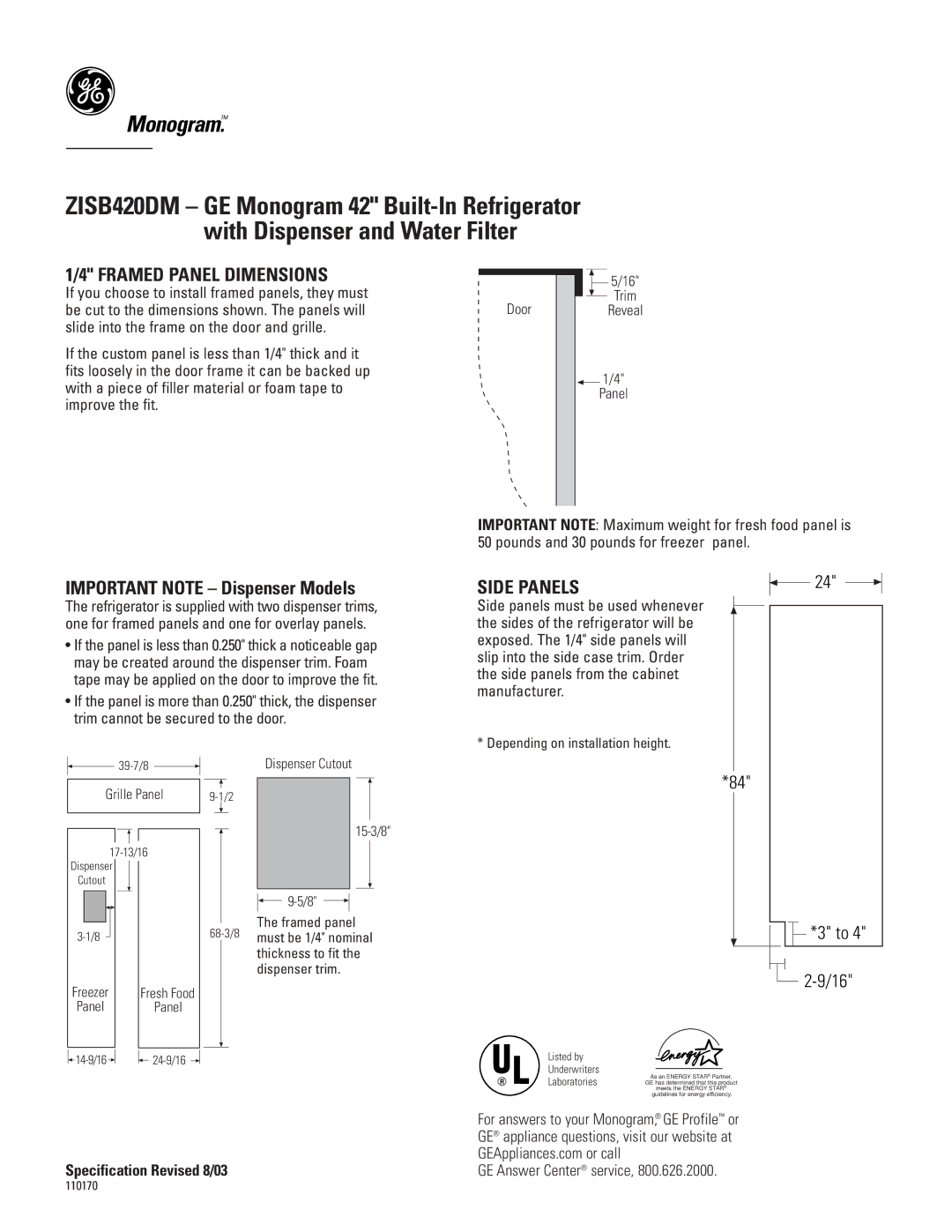 GE Monogram ZISB420DM Framed Panel Dimensions, Important Note Dispenser Models, Side Panels, Specification Revised 8/03 