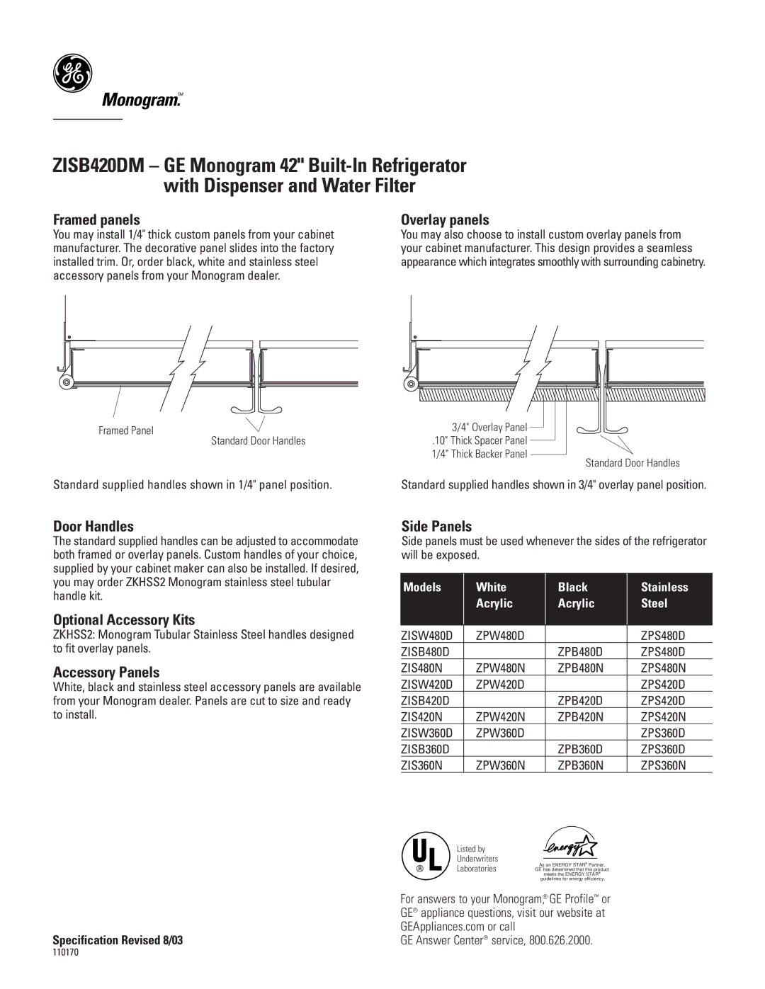 GE Monogram ZISB420DM Framed panels, Overlay panels, Door Handles, Optional Accessory Kits, Accessory Panels, Side Panels 