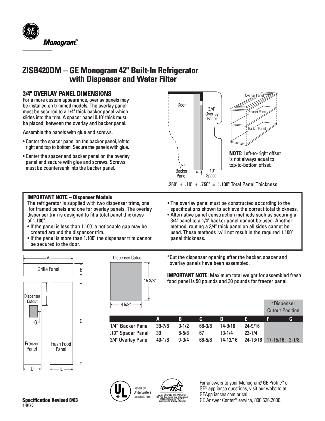 GE Monogram ZISB420DM specifications Monogram, 3/4 OVERLAY PANEL DIMENSIONS, IMPORTANT NOTE - Dispenser Models 