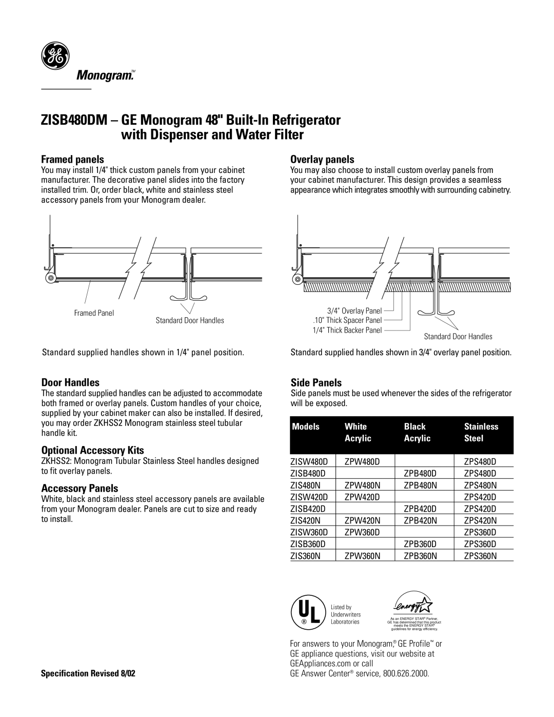 GE Monogram ZISB480DM Framed panels, Overlay panels, Door Handles, Optional Accessory Kits, Accessory Panels, Side Panels 