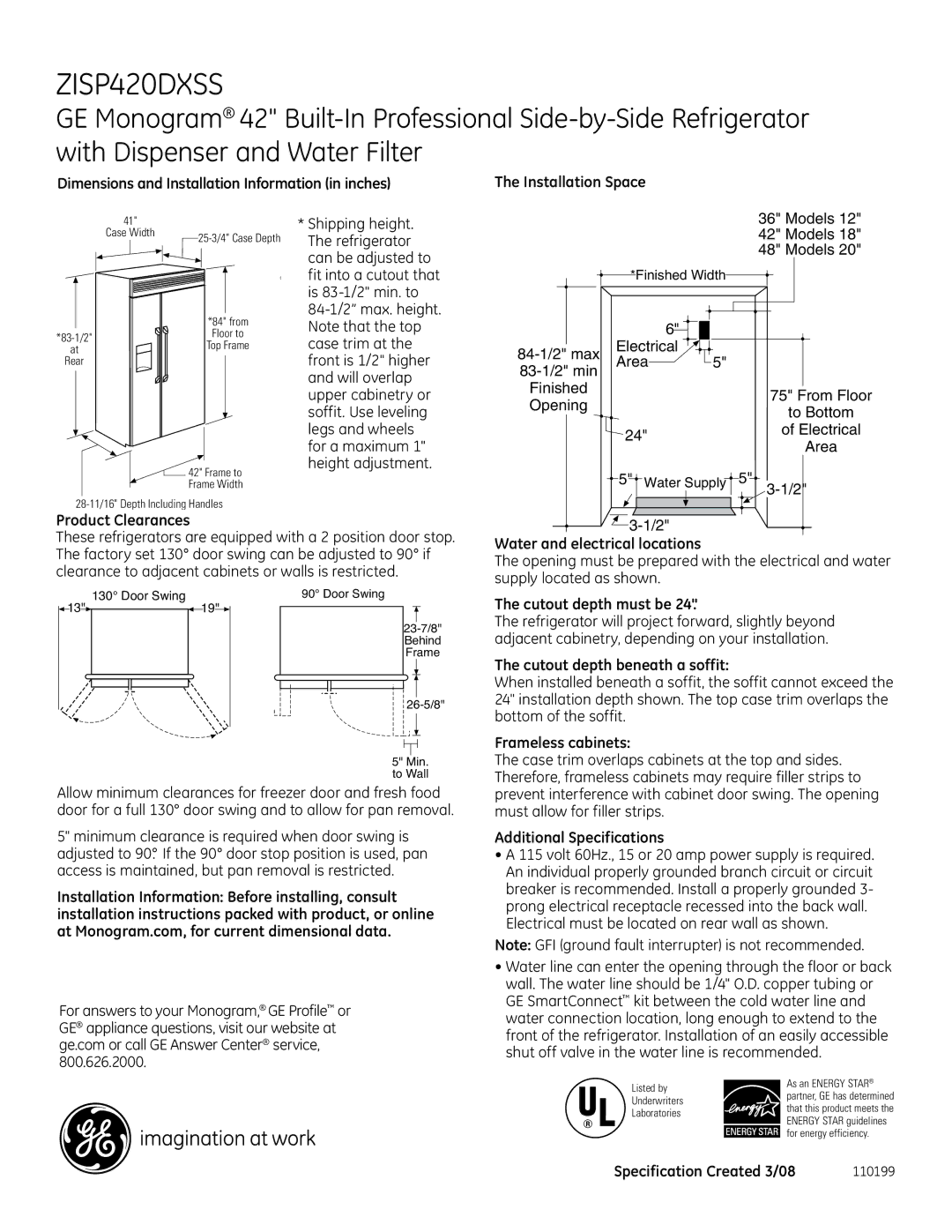 GE Monogram ZISP420DXSS specifications 