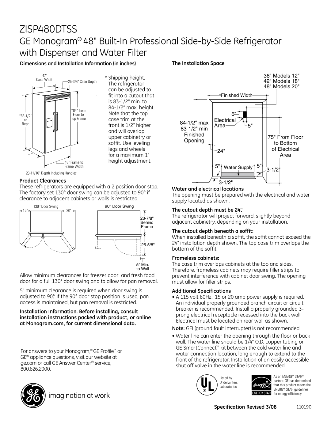 GE Monogram ZISP480DTSS dimensions 