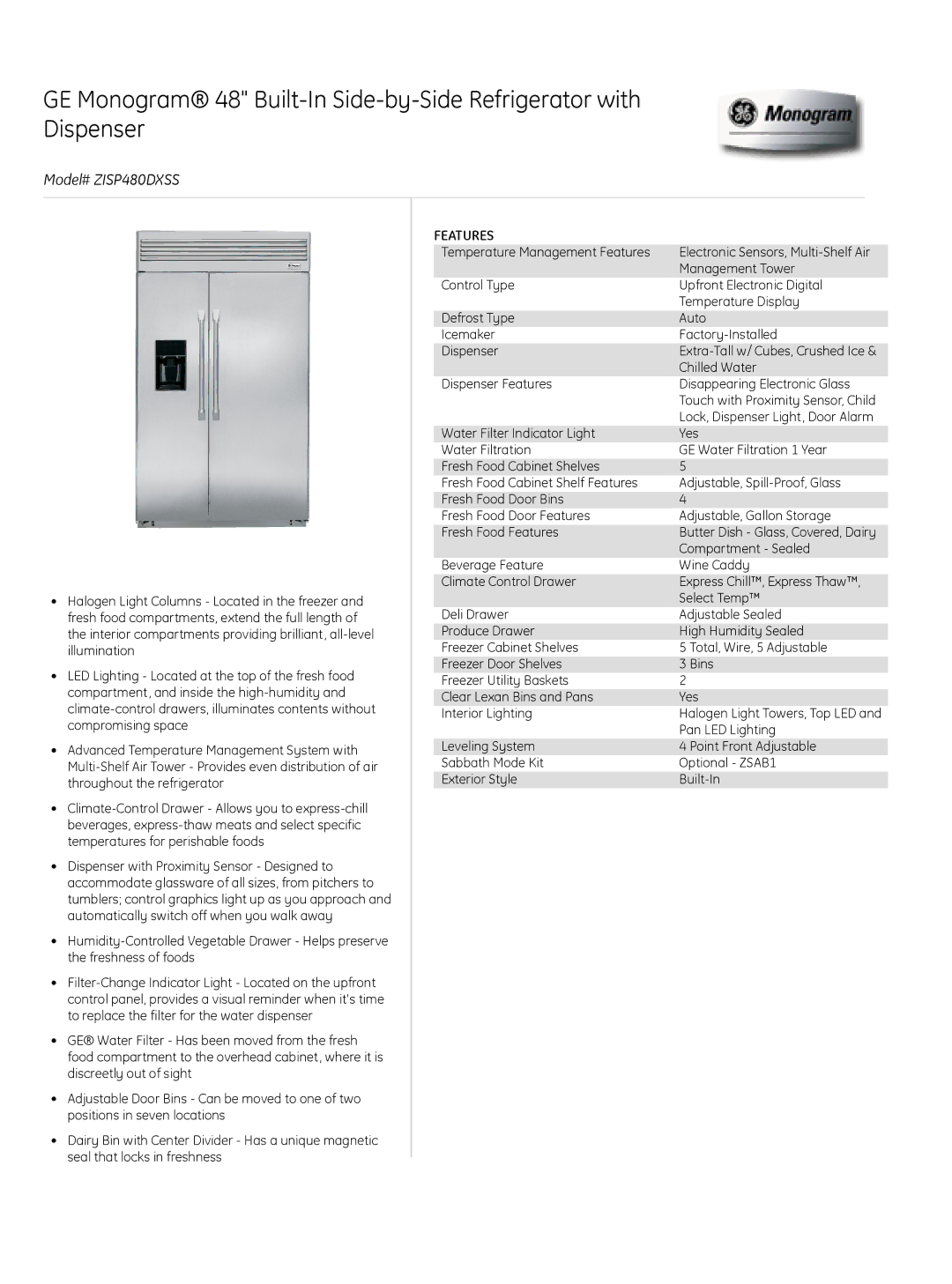 GE Monogram manual Model# ZISP480DXSS, Features 