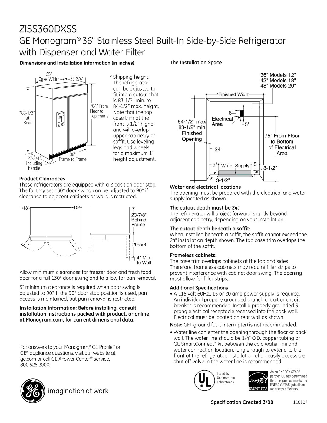 GE Monogram ZISS360DXSS dimensions 