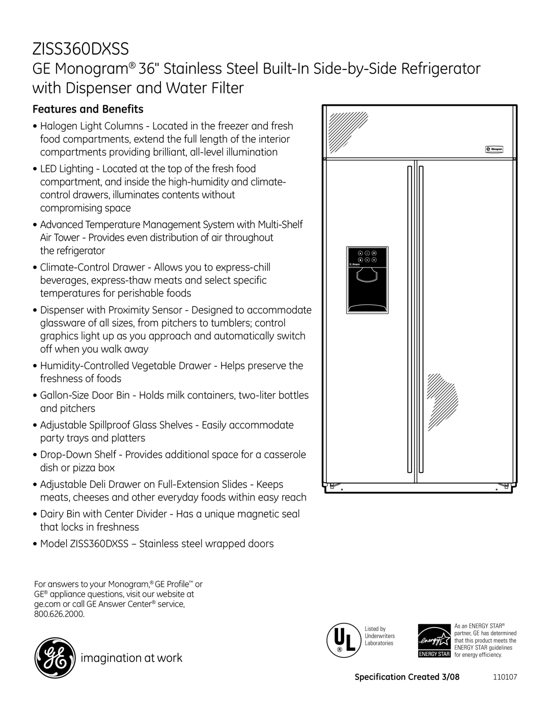 GE Monogram ZISS360DXSS dimensions Features and Benefits 