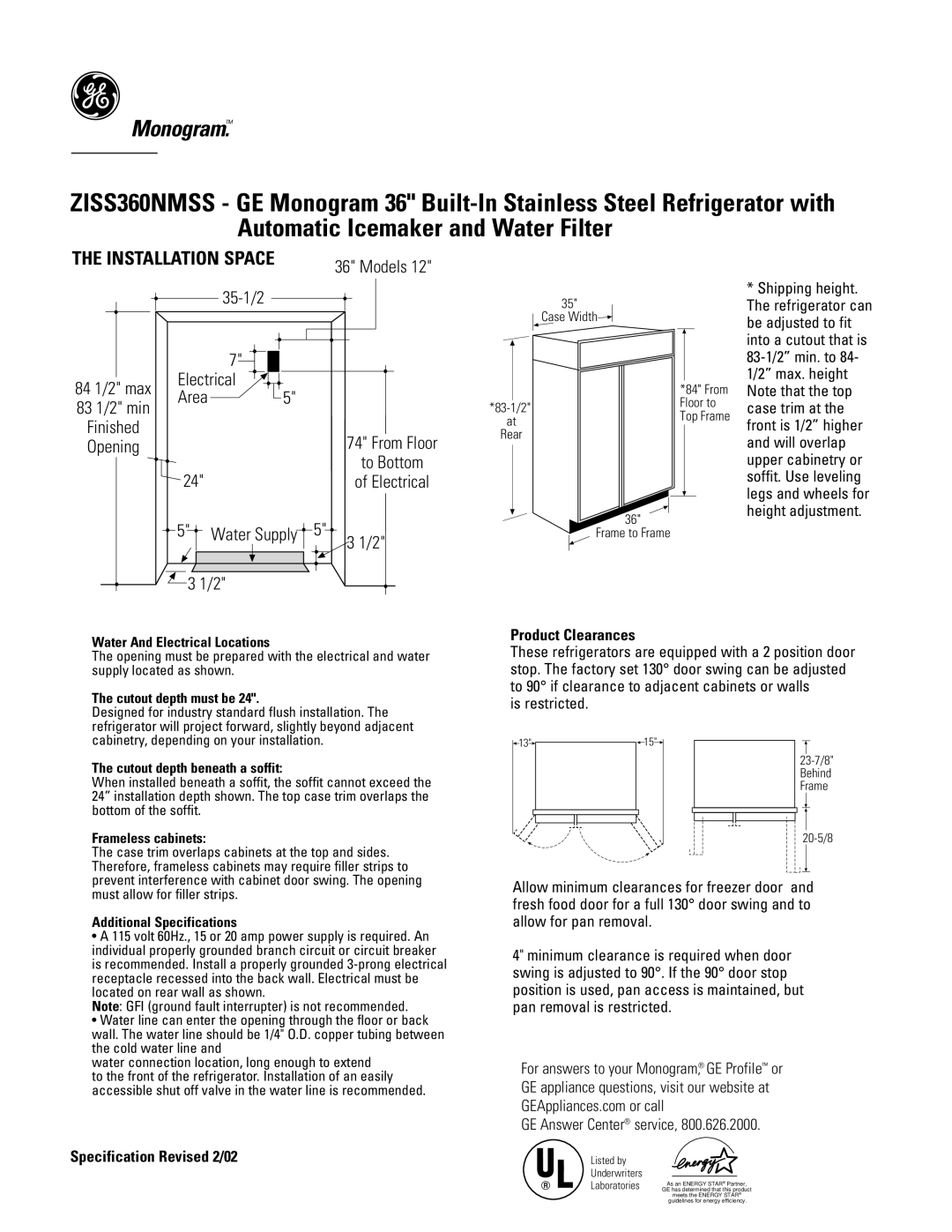 GE Monogram ZISS360NMSS specifications Product Clearances, Specification Revised 2/02 