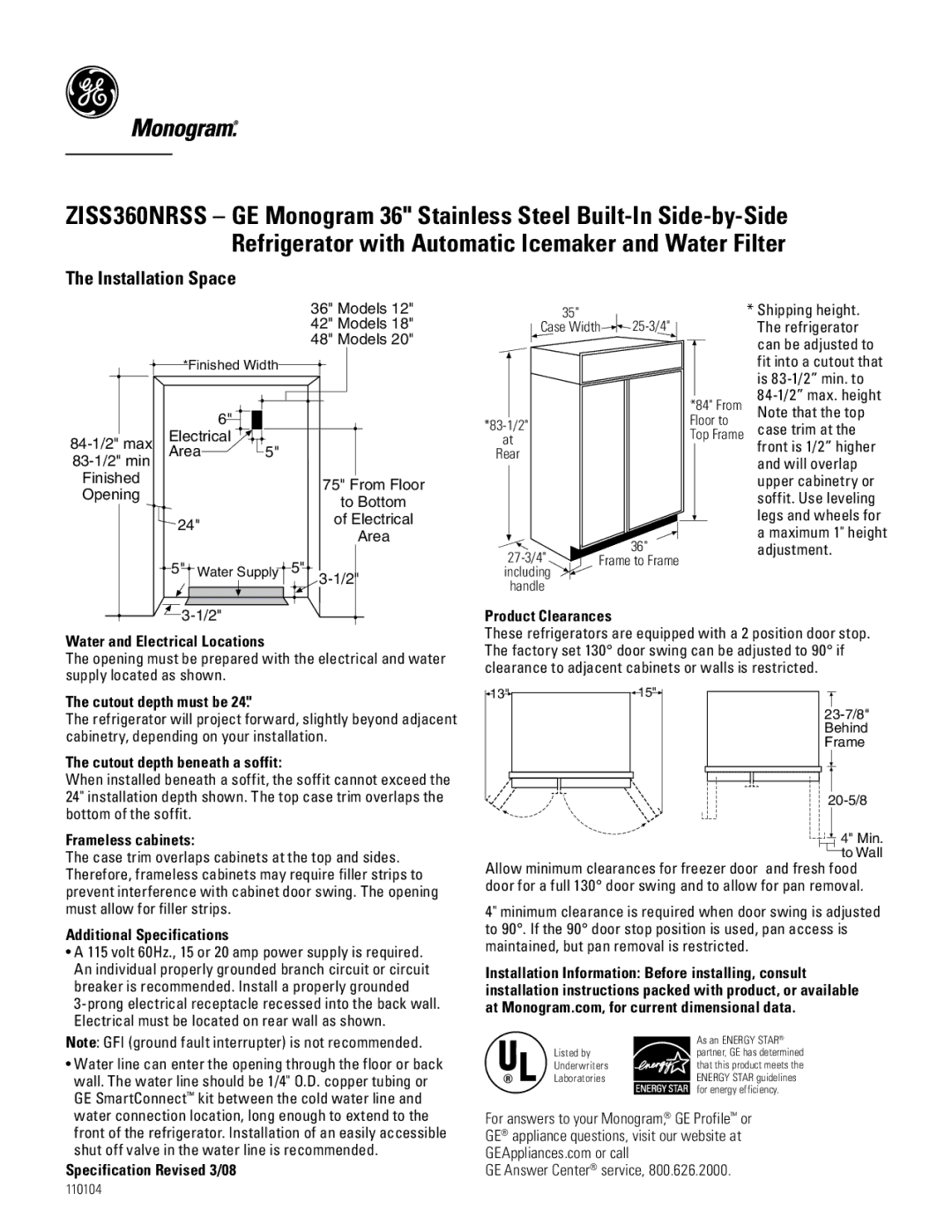 GE Monogram ZISS360NRSS specifications Water and Electrical Locations, Product Clearances, Cutout depth must be 