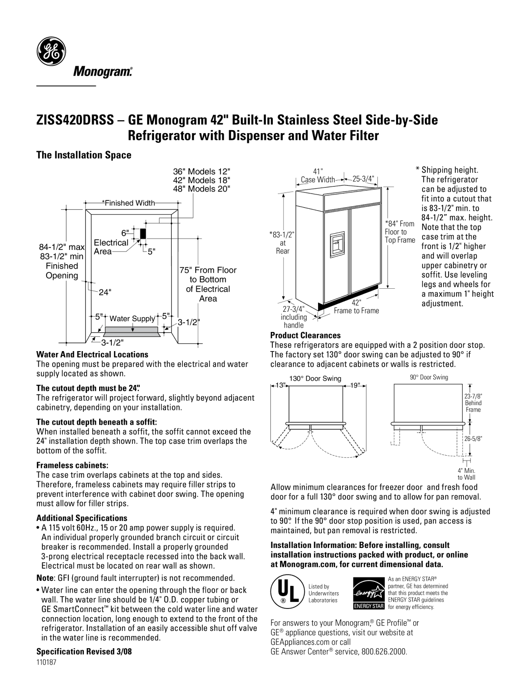 GE Monogram ZISS420DRSS specifications Installation Space 