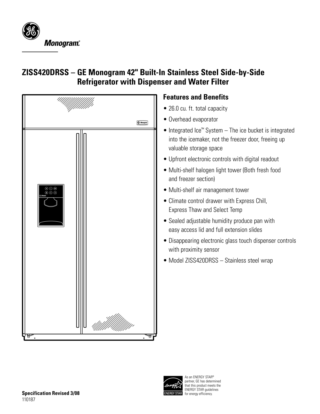 GE Monogram ZISS420DRSS specifications Features and Benefits 