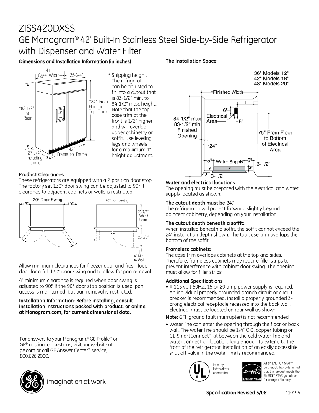 GE Monogram ZISS420DXSS dimensions 