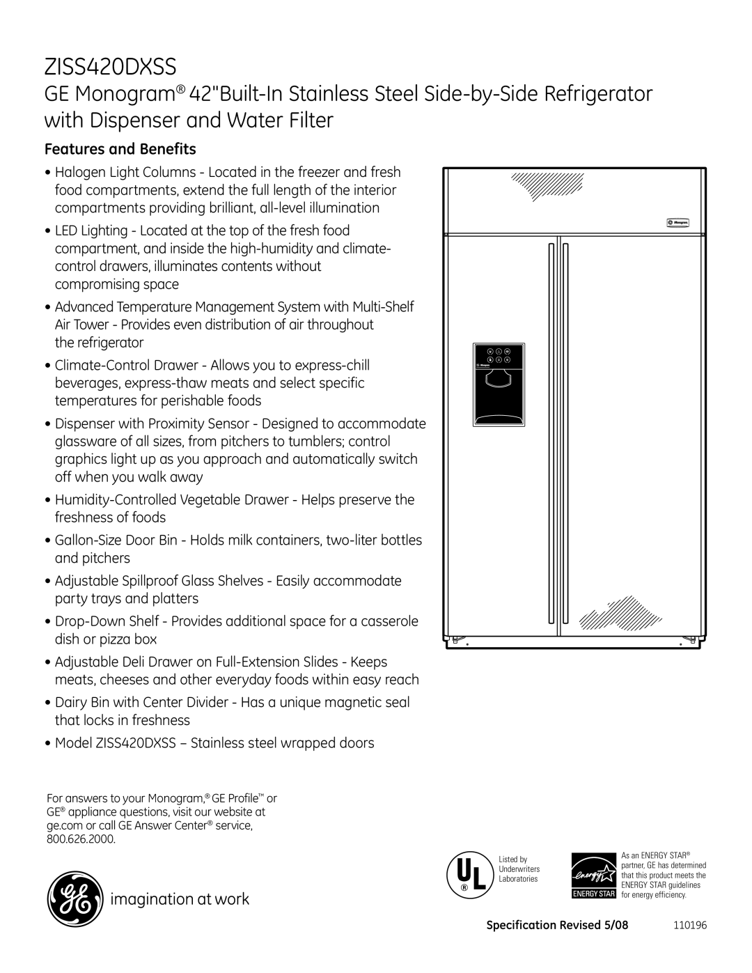 GE Monogram ZISS420DXSS dimensions Features and Benefits 