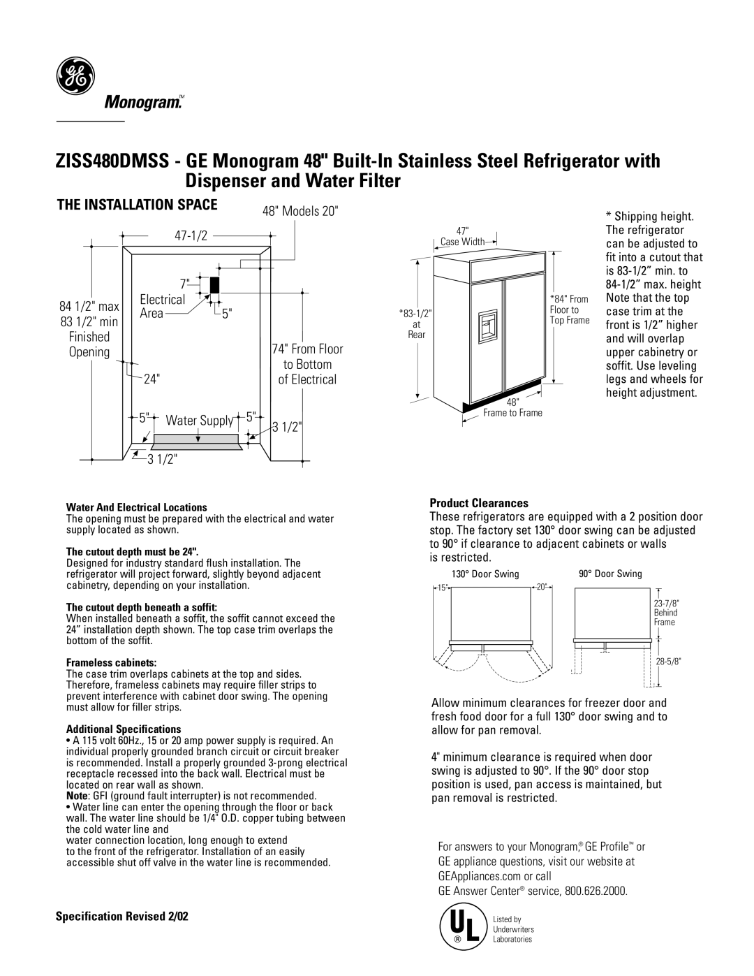 GE Monogram ZISS480DMSS specifications 47-1/2, Electrical, Product Clearances, Specification Revised 2/02 