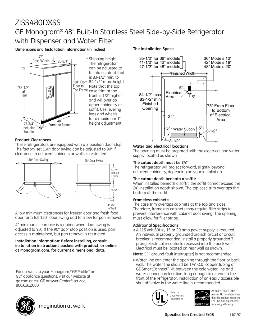 GE Monogram ZISS480DXSS dimensions 