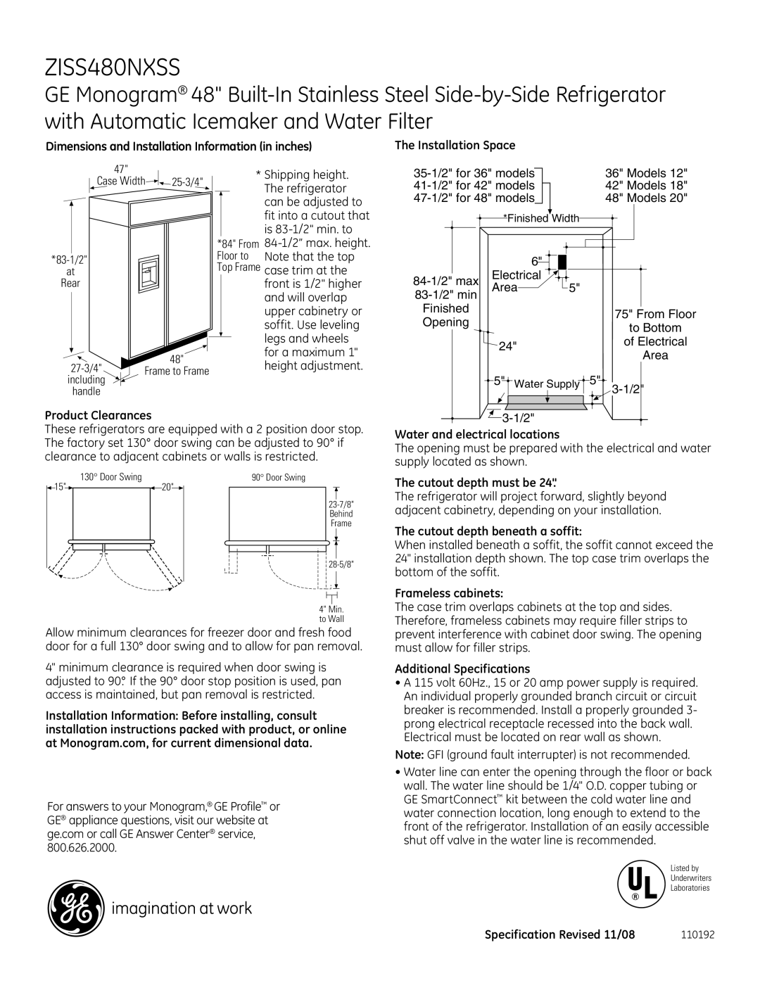 GE Monogram ZISS480NXSS dimensions 