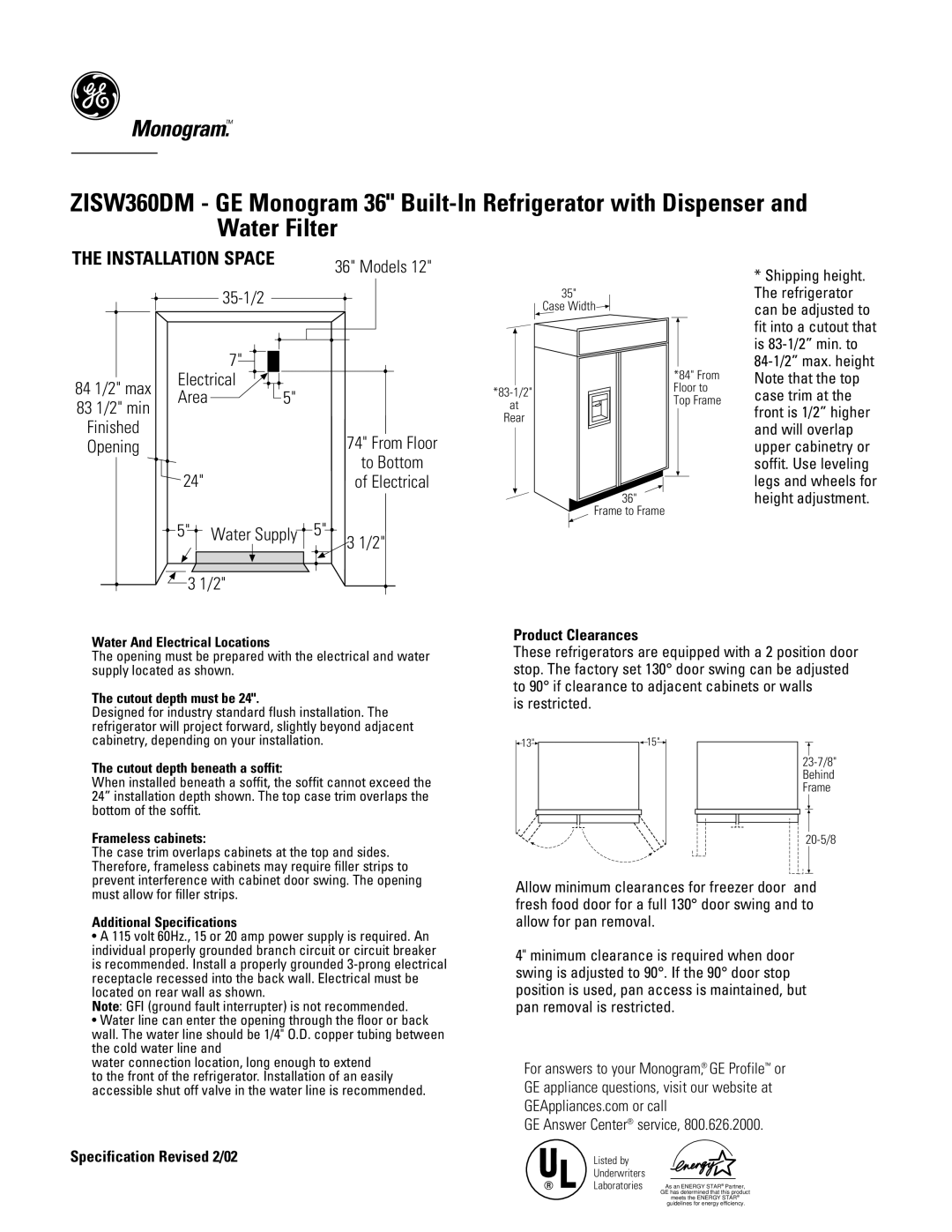 GE Monogram ZISW360DM specifications Installation Space, Product Clearances, Specification Revised 2/02, 83-1/2 