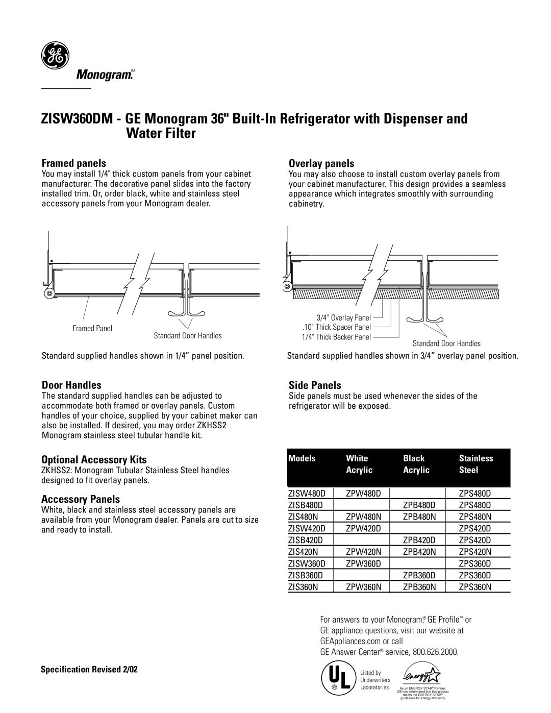 GE Monogram ZISW360DM Framed panels, Overlay panels, Door Handles, Optional Accessory Kits, Accessory Panels, Side Panels 