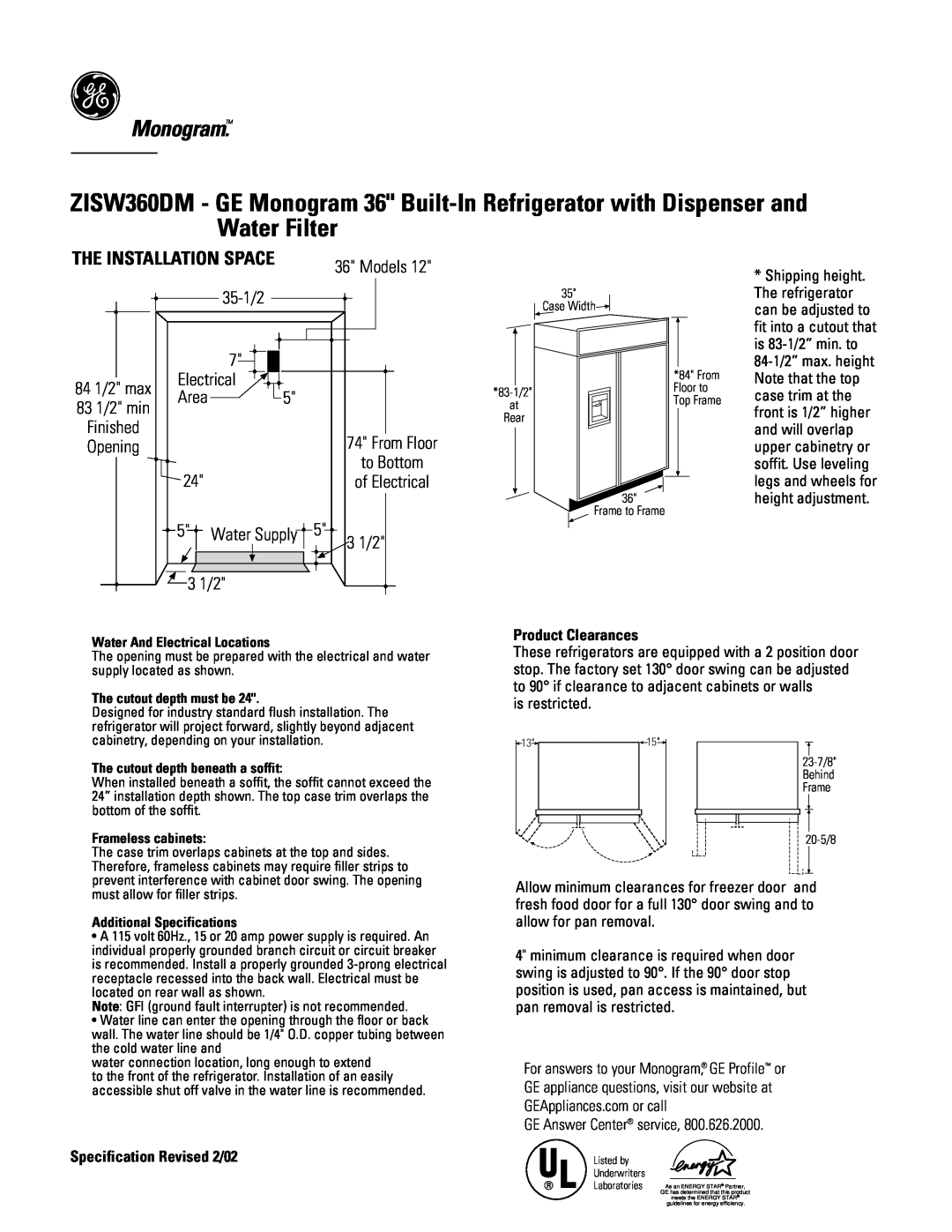 GE Monogram ZISW360DM specifications Monogram, The Installation Space, Product Clearances, Specification Revised 2/02 