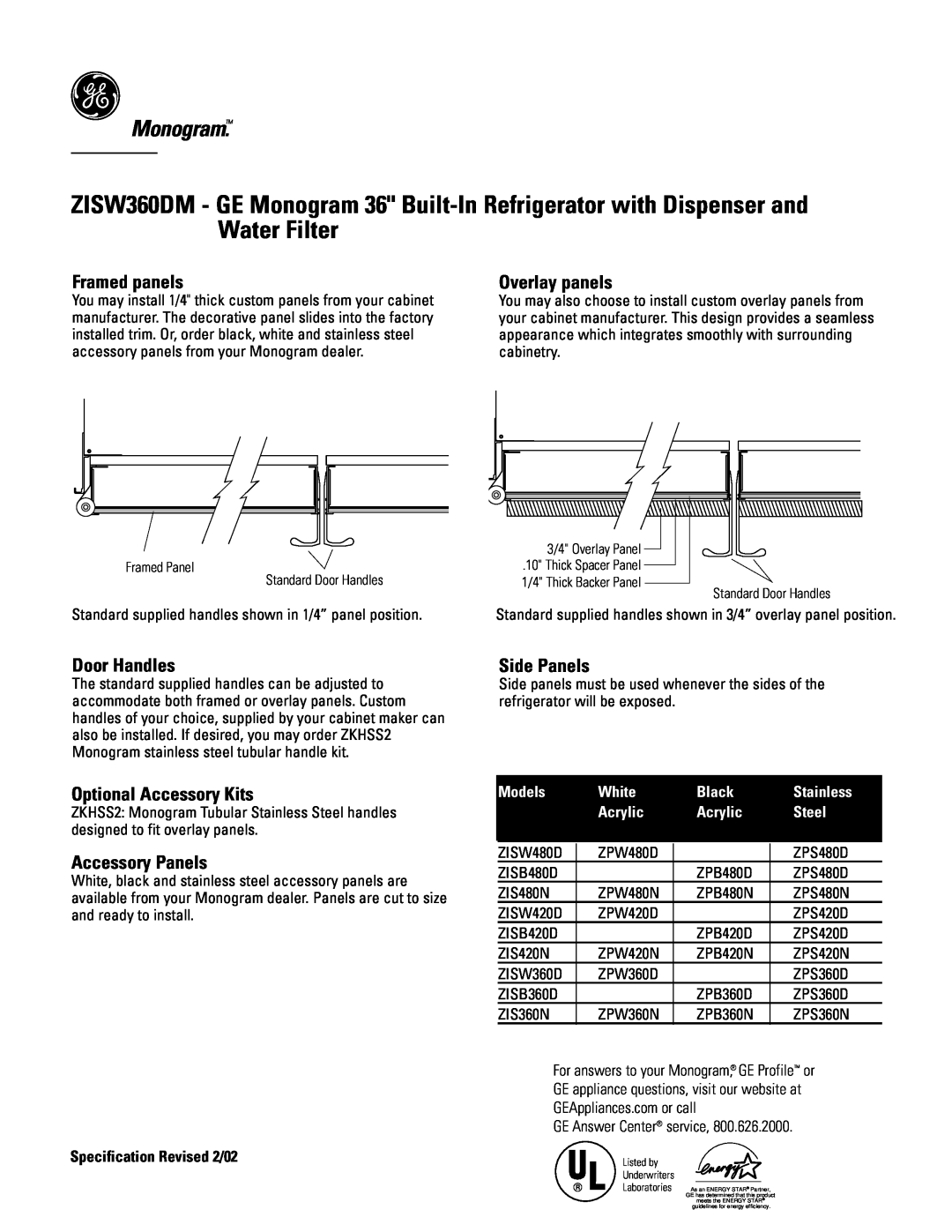 GE Monogram ZISW360DM Framed panels, Overlay panels, Door Handles, Optional Accessory Kits, Accessory Panels, Side Panels 
