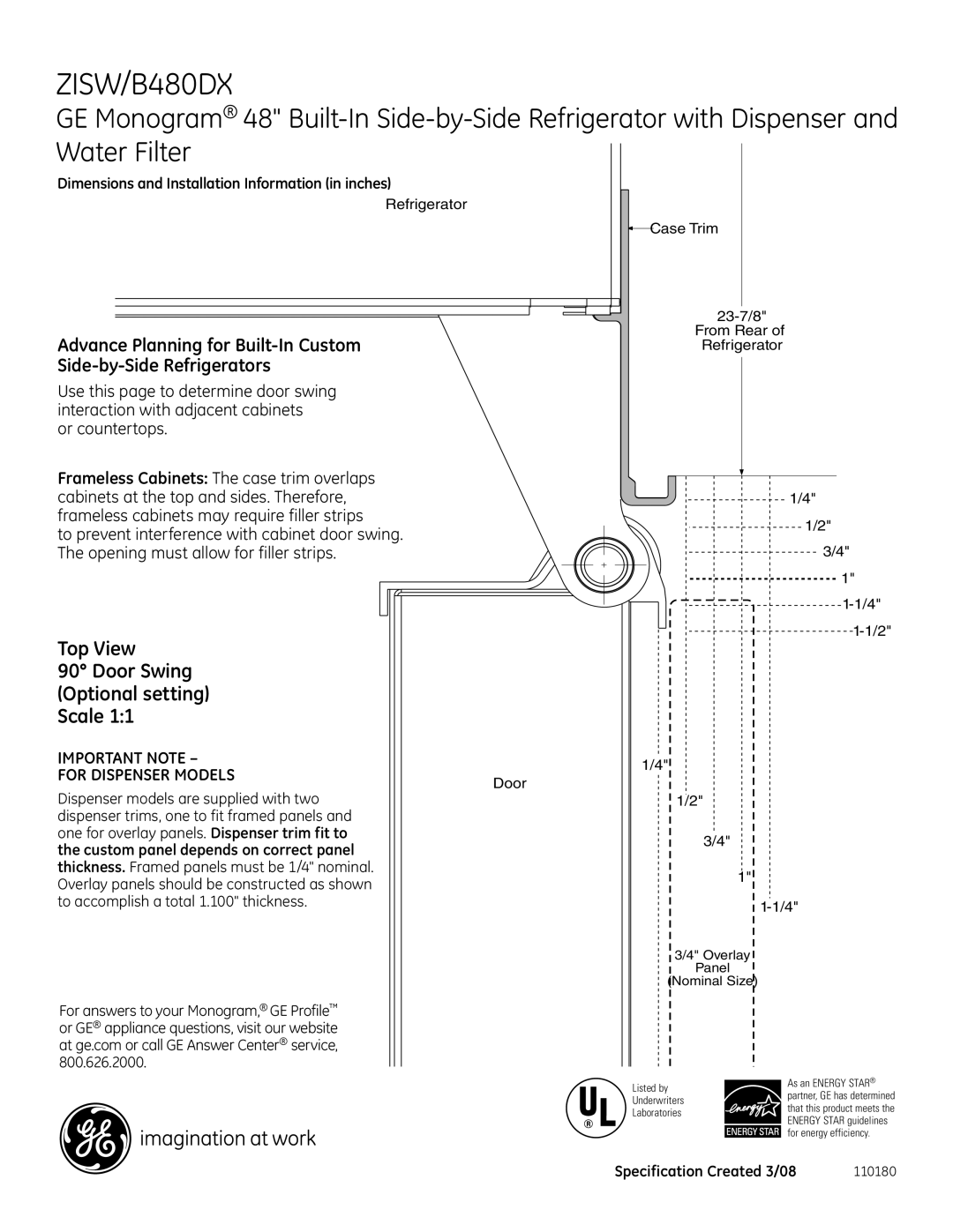 GE Monogram ZISW/B480DX dimensions Top View Door Swing Optional setting Scale, Or countertops 