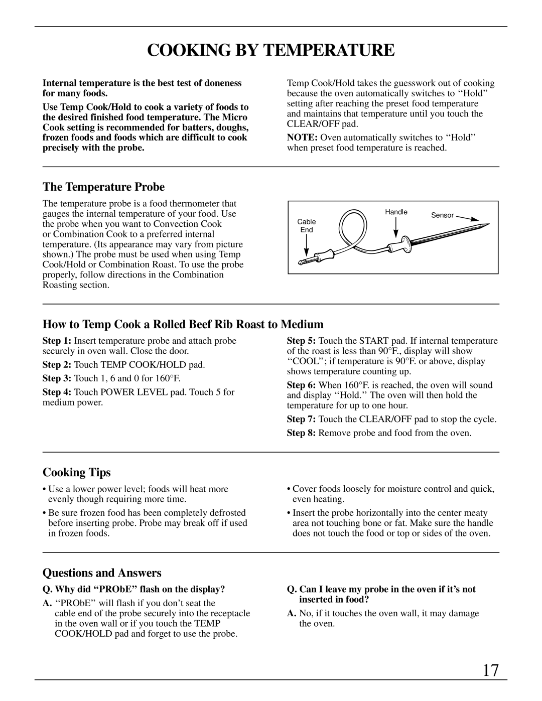 GE Monogram ZMC1090 Series manual Cooking by Temperature, How to Temp Cook a Rolled Beef Rib Roast to Medium, Cooking Tips 