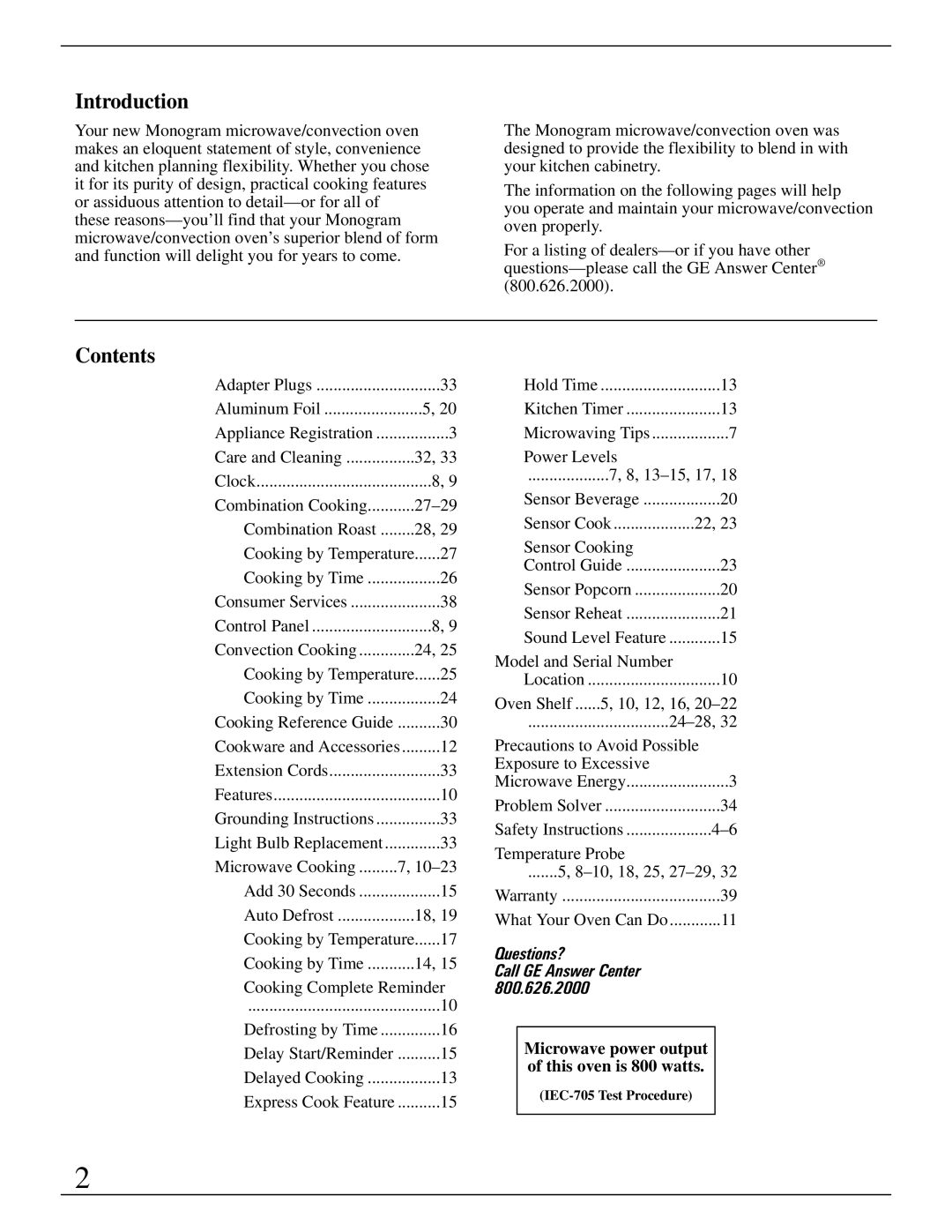 GE Monogram ZMC1090 Series manual Introduction, Contents 