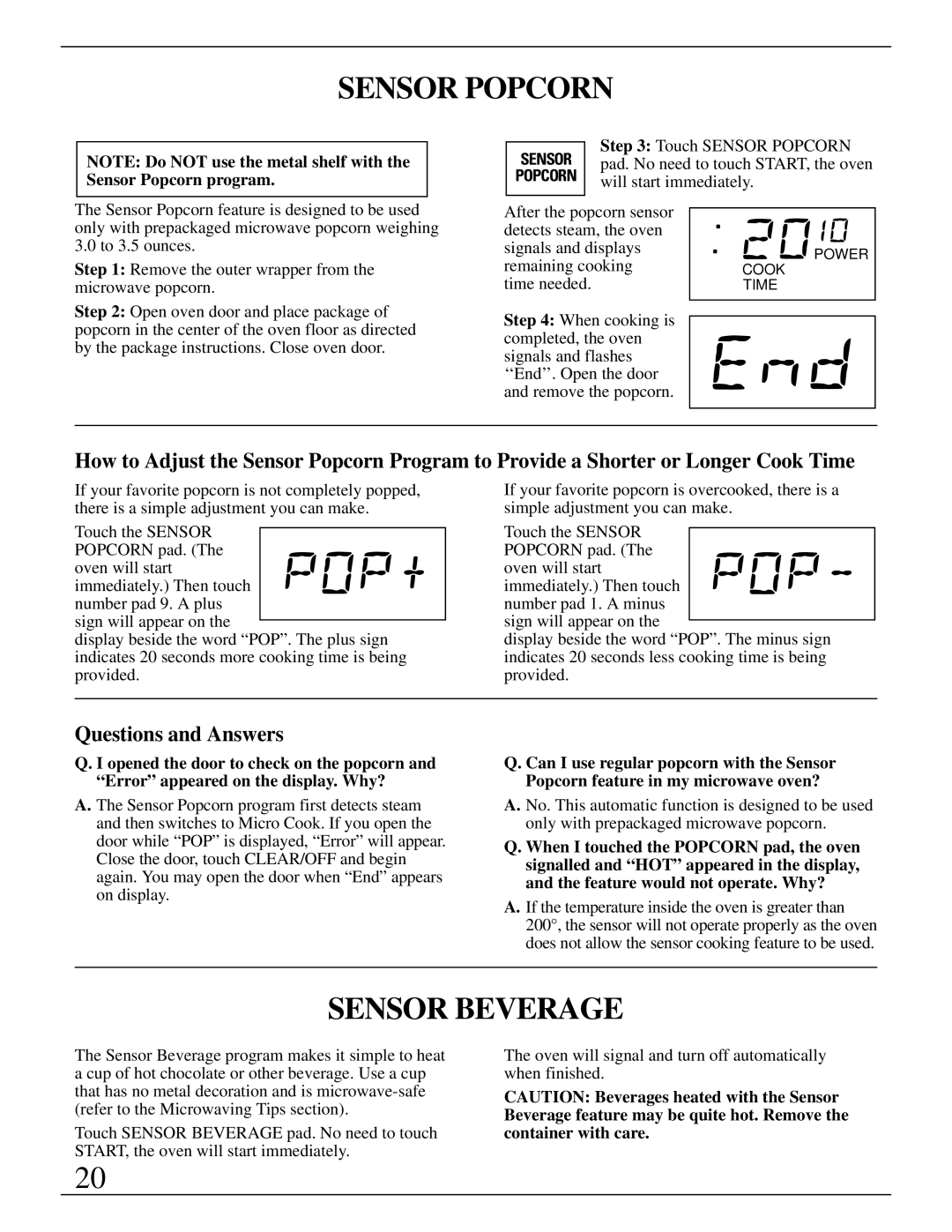 GE Monogram ZMC1090 Series manual Sensor Beverage, Touch Sensor Popcorn, Will start immediately 