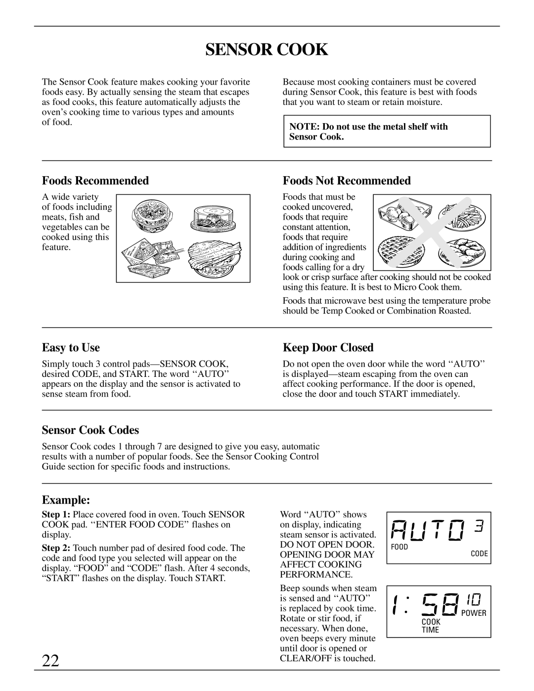 GE Monogram ZMC1090 Series manual Sensor Cook Codes 