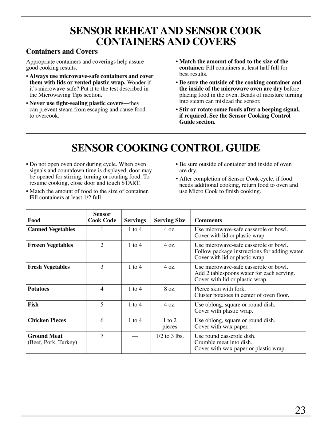 GE Monogram ZMC1090 Series manual Sensor Reheat and Sensor Cook Containers and Covers, Sensor Cooking Control Guide 