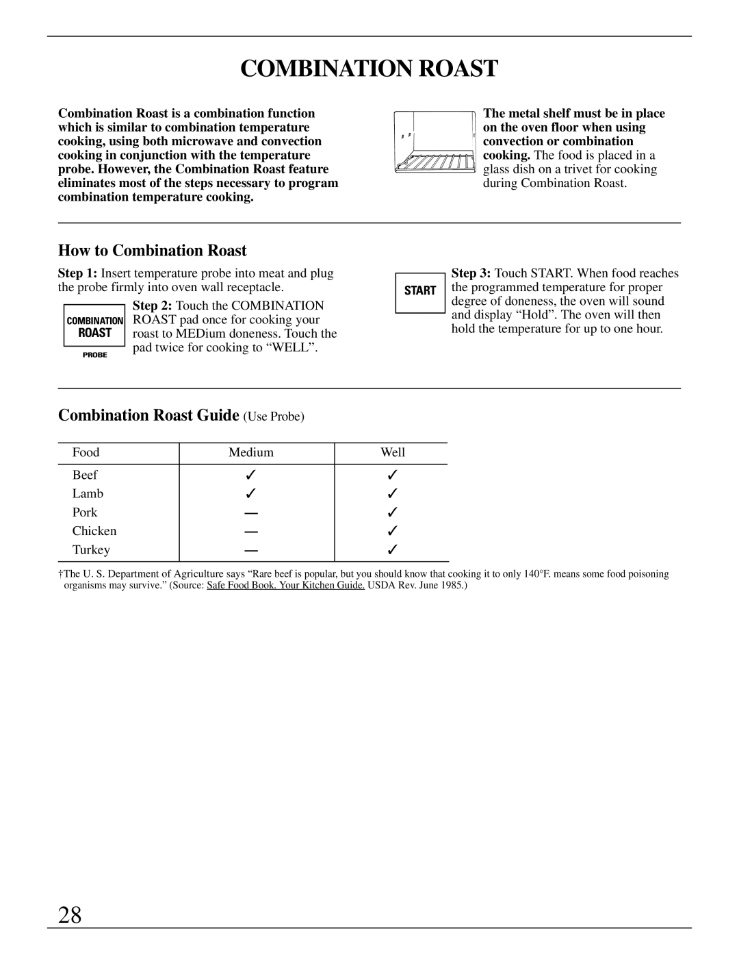 GE Monogram ZMC1090 Series manual How to Combination Roast, Combination Roast Guide Use Probe 