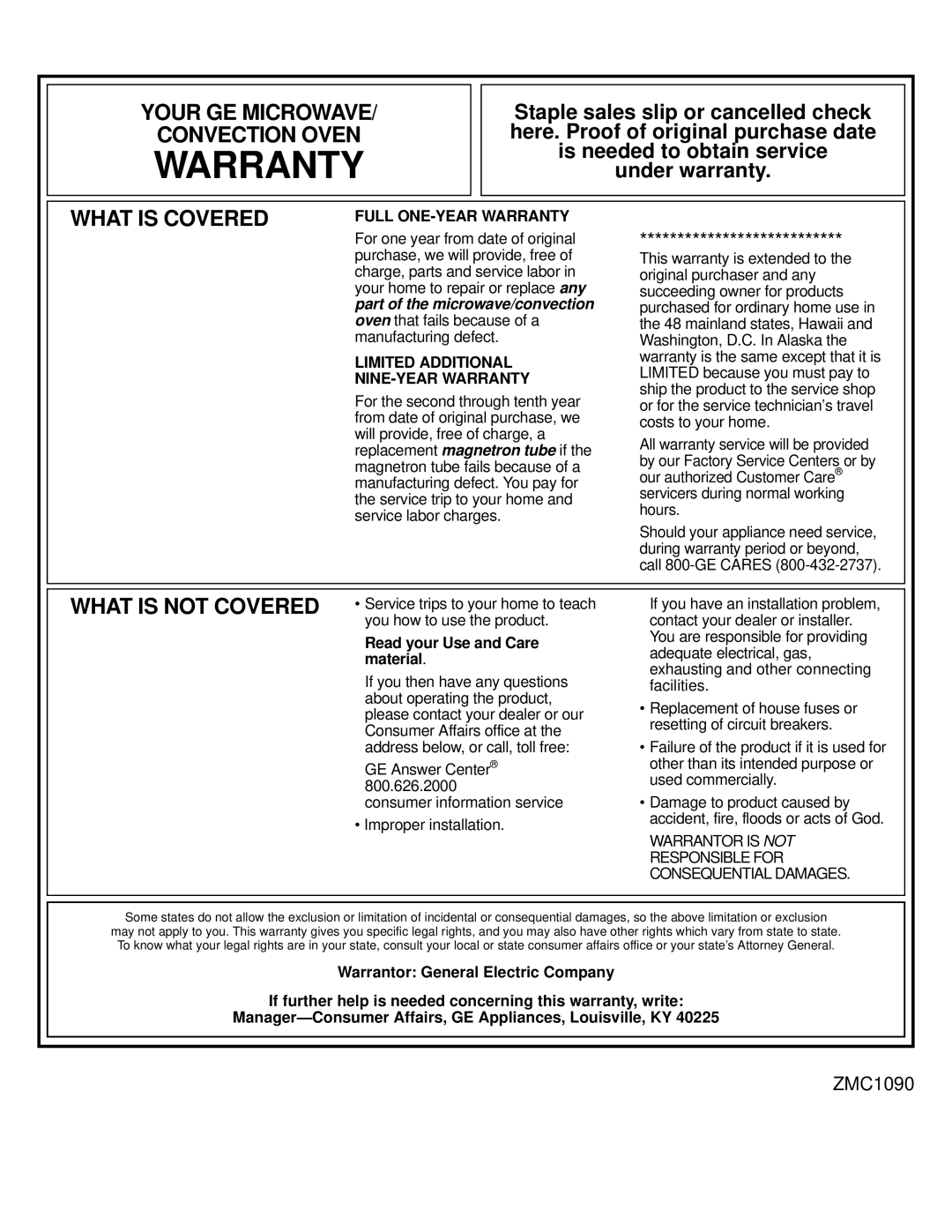 GE Monogram ZMC1090 Series manual Warranty 