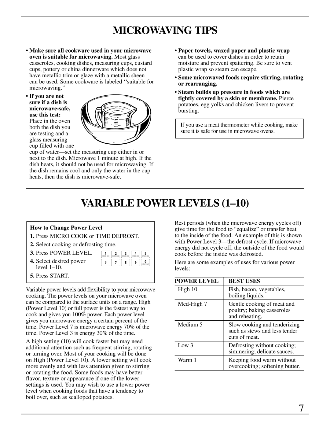 GE Monogram ZMC1090 Series manual Microwaving Tips, Variable Power Levels, How to Change Power Level, Press Power Level 