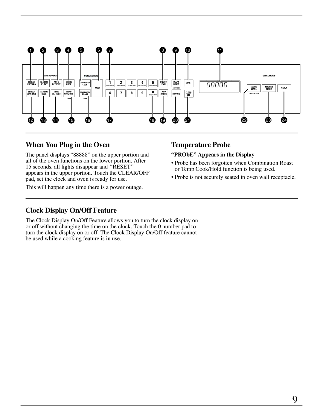 GE Monogram ZMC1090 Series manual When You Plug in the Oven, Temperature Probe, Clock Display On/Off Feature 