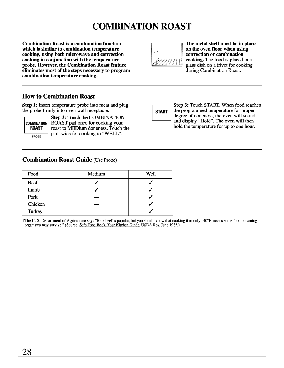 GE Monogram ZMC1090 Series manual How to Combination Roast, Combination Roast Guide Use Probe 