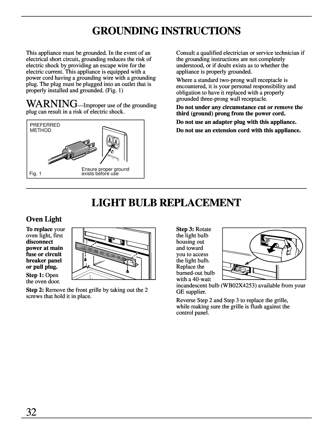 GE Monogram ZMC1090 Series manual Grounding Instructions, Light Bulb Replacement, Oven Light 