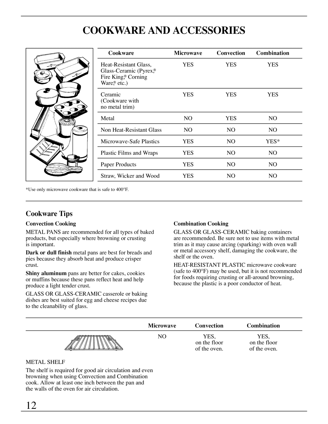 GE Monogram ZMC1095 owner manual Cookware and Accessories, Cookware Tips, Convection Cooking Combination Cooking, Microwave 