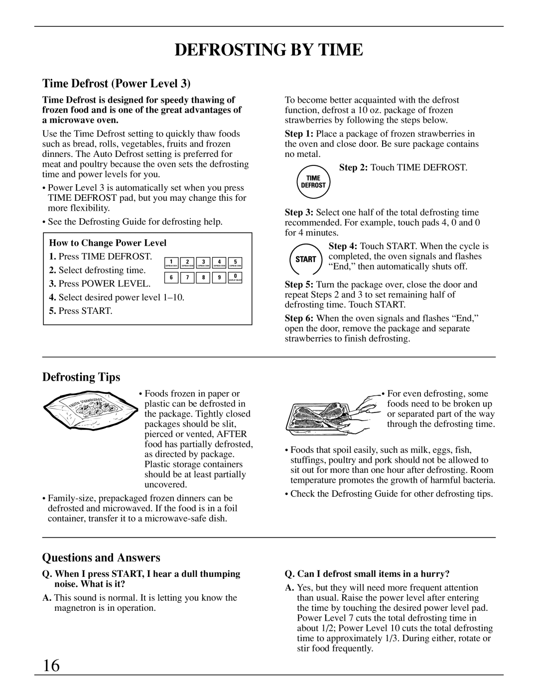 GE Monogram ZMC1095 owner manual Defrosting by Time, Time Defrost Power Level, Defrosting Tips, Questions and Answers 