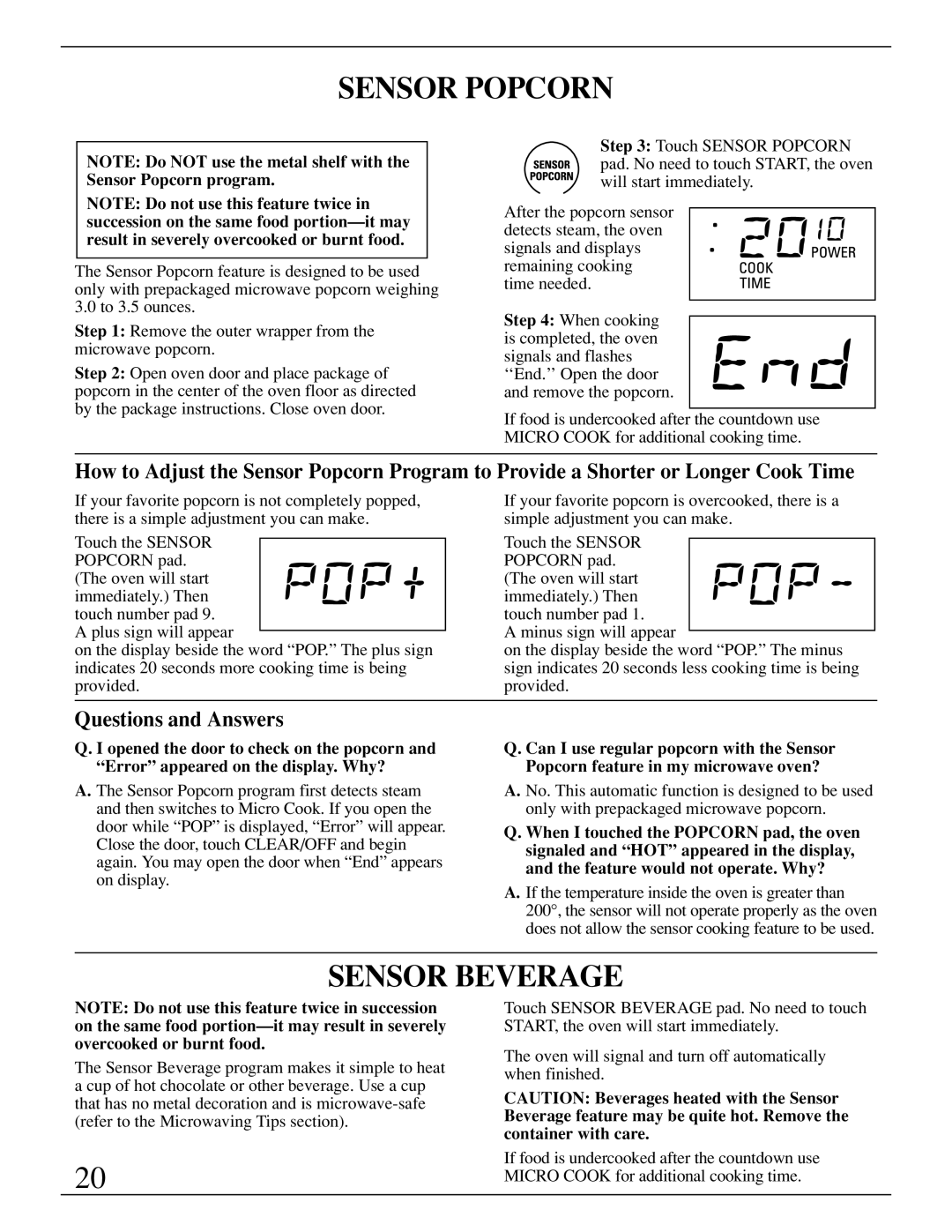 GE Monogram ZMC1095 owner manual Sensor Popcorn, Sensor Beverage 