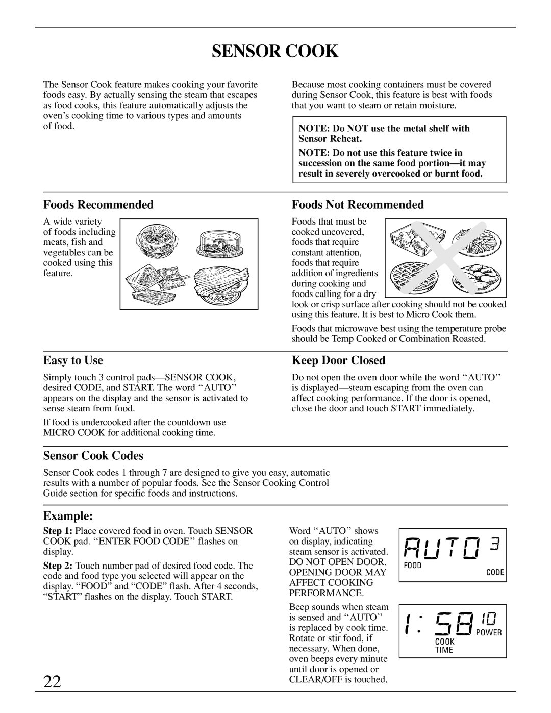 GE Monogram ZMC1095 owner manual Sensor Cook Codes 