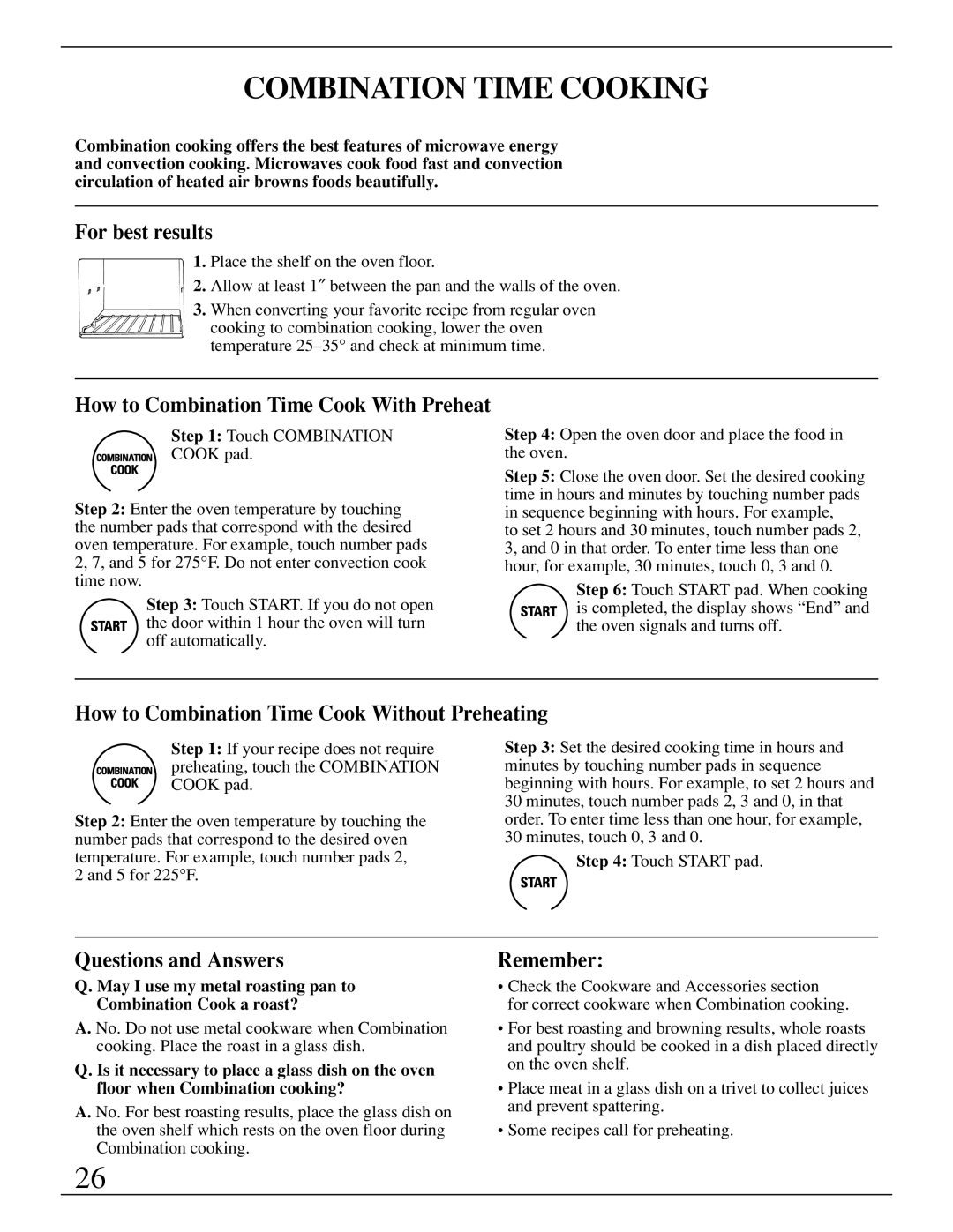 GE Monogram ZMC1095 owner manual Combination Time Cooking, How to Combination Time Cook Without Preheating, Remember 