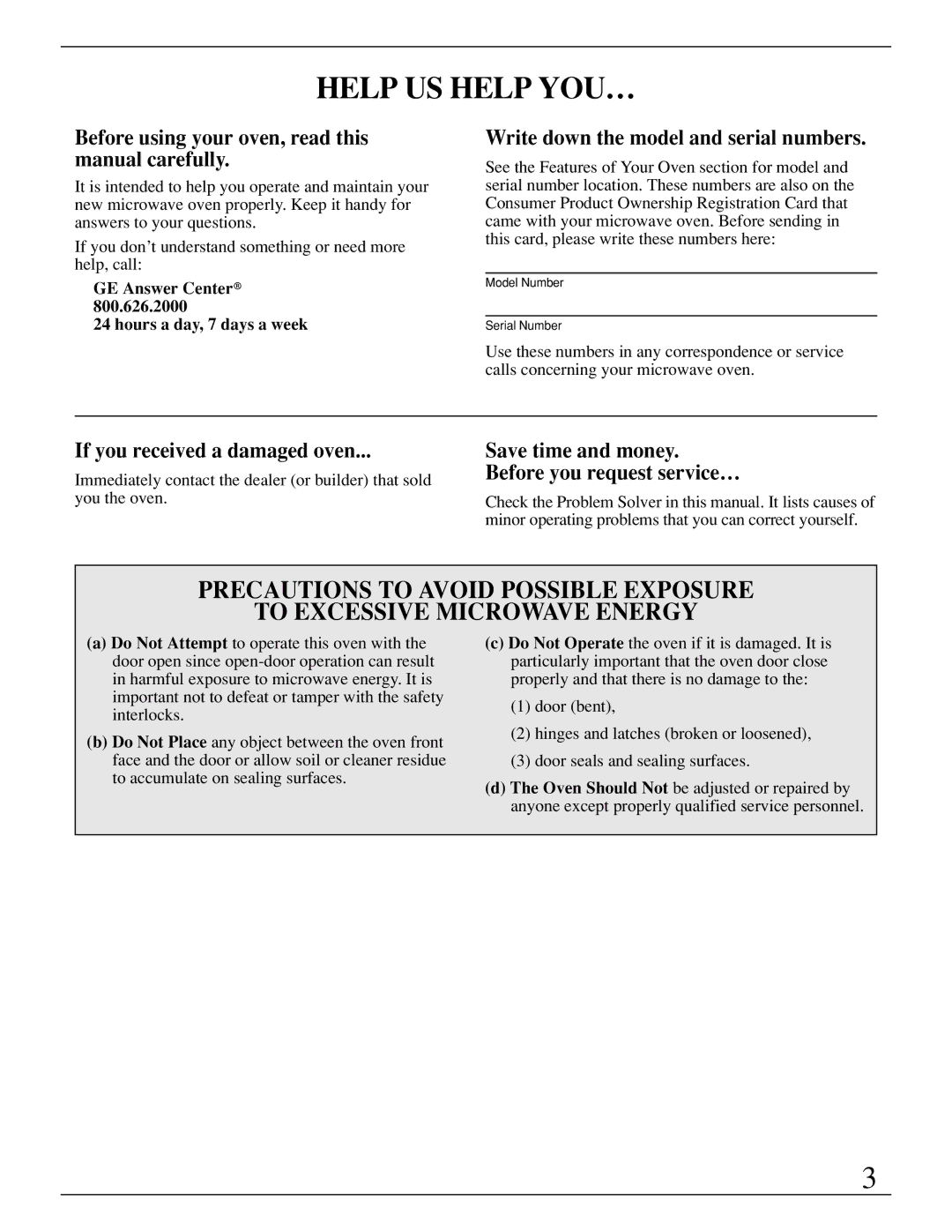 GE Monogram ZMC1095 Help US Help YOU…, Before using your oven, read this manual carefully, If you received a damaged oven 