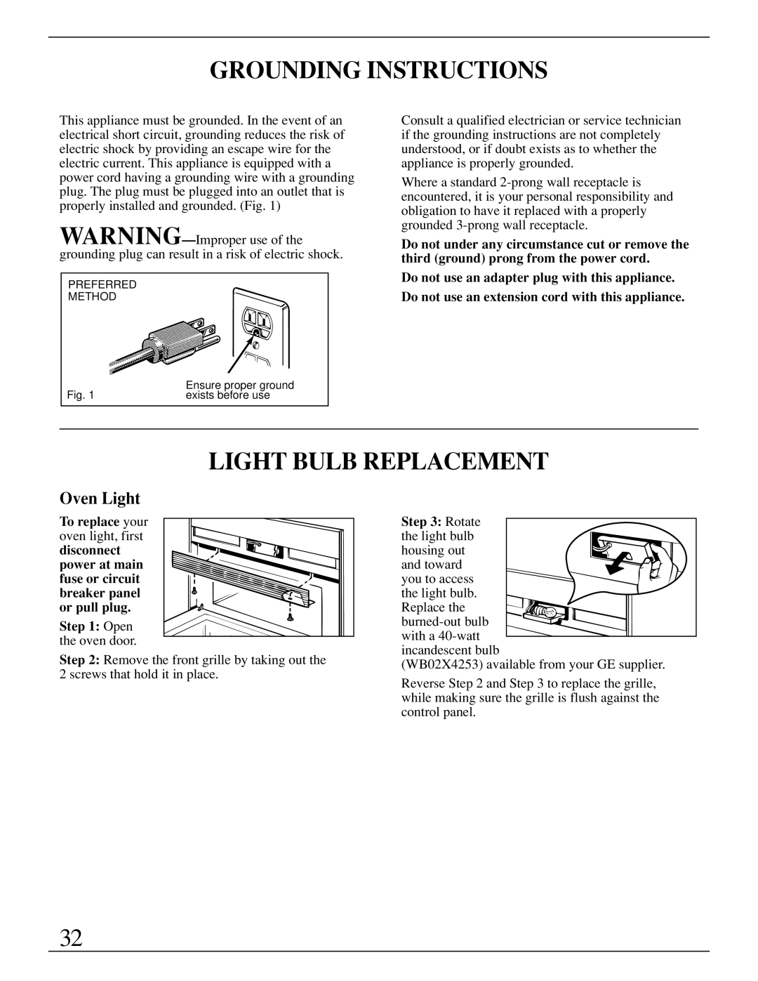 GE Monogram ZMC1095 owner manual Grounding Instructions, Light Bulb Replacement, Oven Light, Rotate the light bulb 