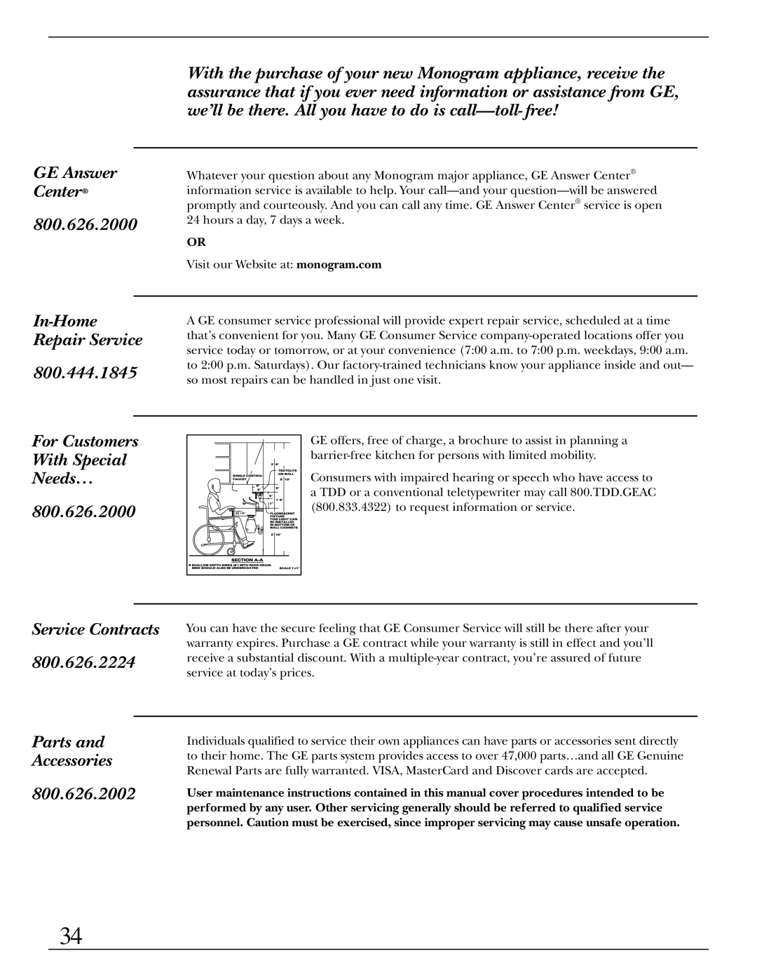 GE Monogram ZMC1095 owner manual In-Home Repair Service 800.444.1845 