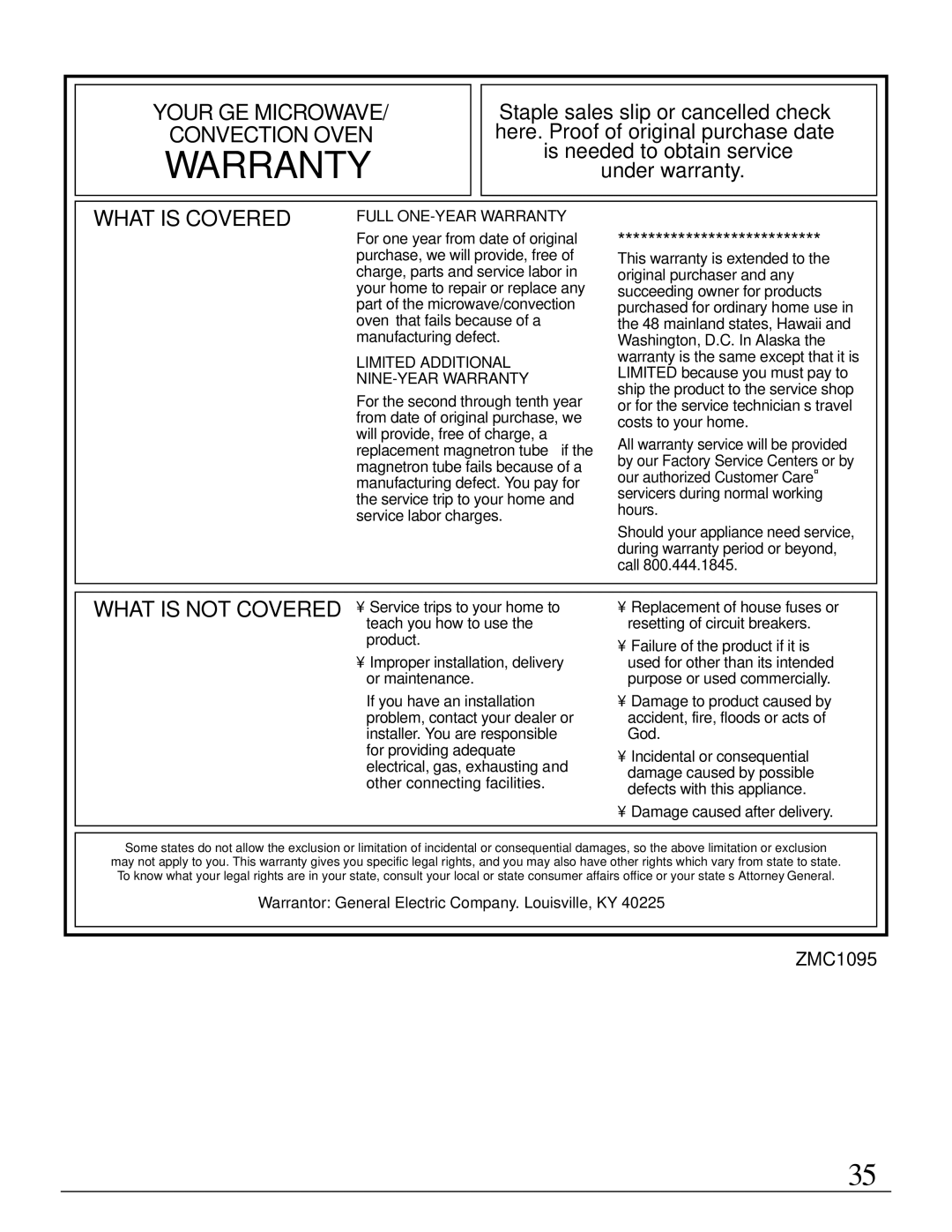 GE Monogram ZMC1095 owner manual Warranty 