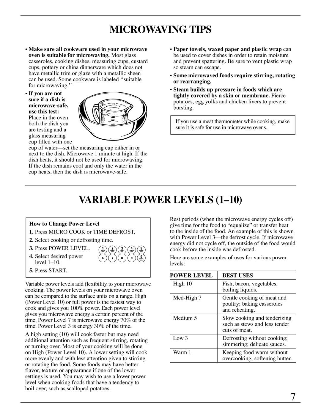 GE Monogram ZMC1095 owner manual Microwaving Tips, Variable Power Levels, How to Change Power Level 