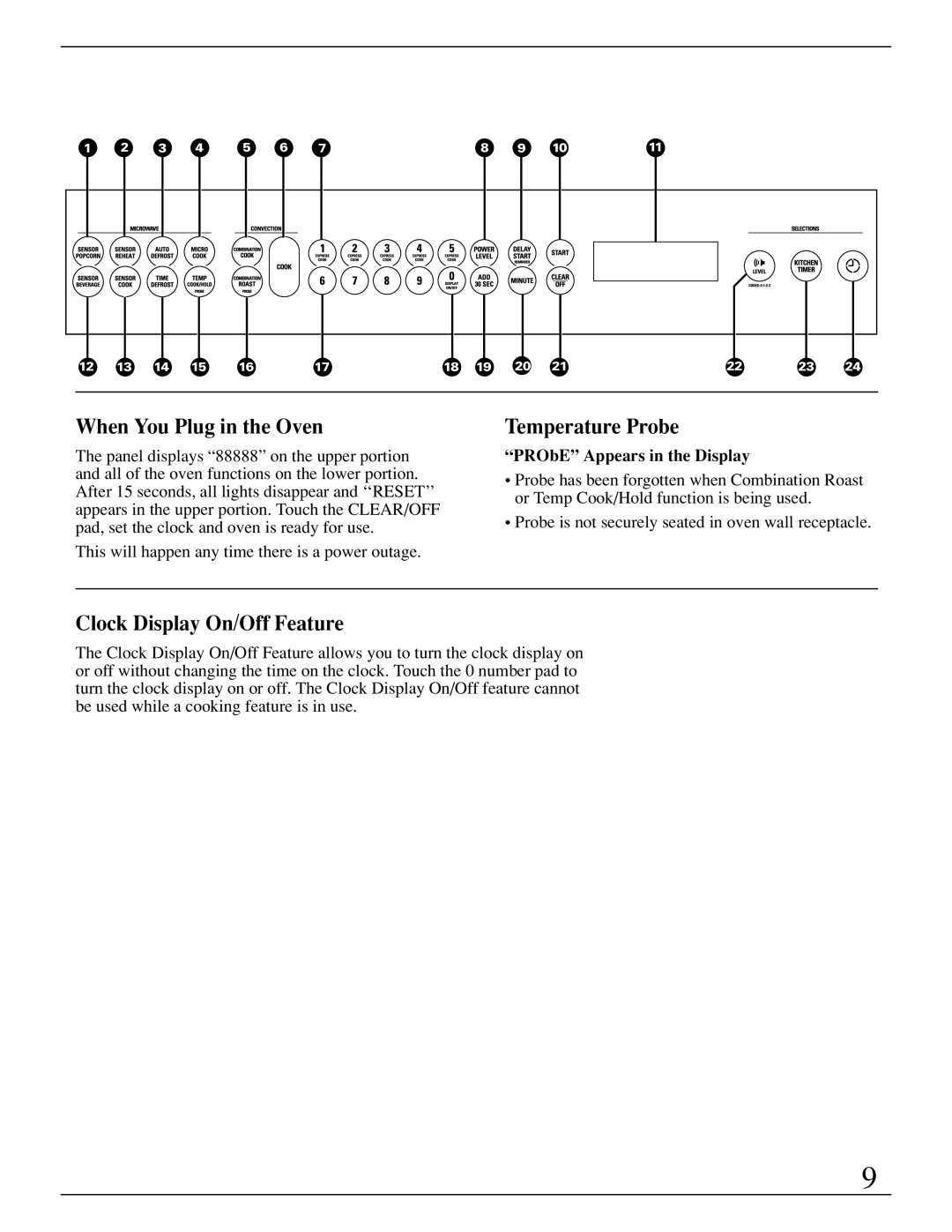 GE Monogram ZMC1095 owner manual When You Plug in the Oven, Temperature Probe, Clock Display On/Off Feature 