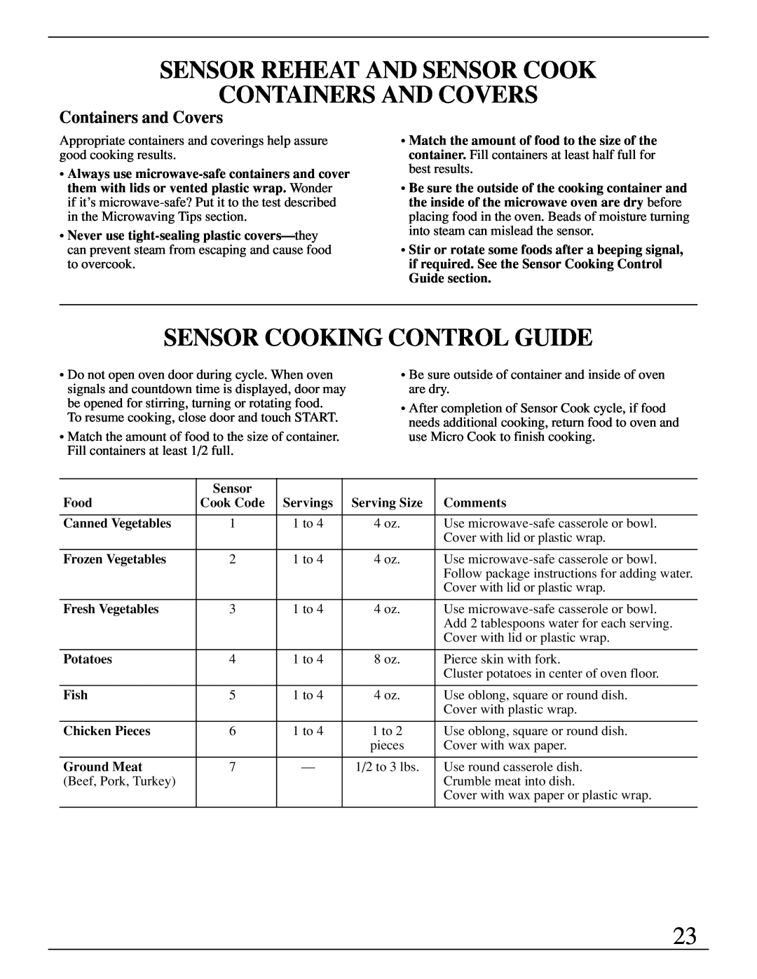 GE Monogram ZMC1095 owner manual Sensor Reheat And Sensor Cook Containers And Covers, Sensor Cooking Control Guide 
