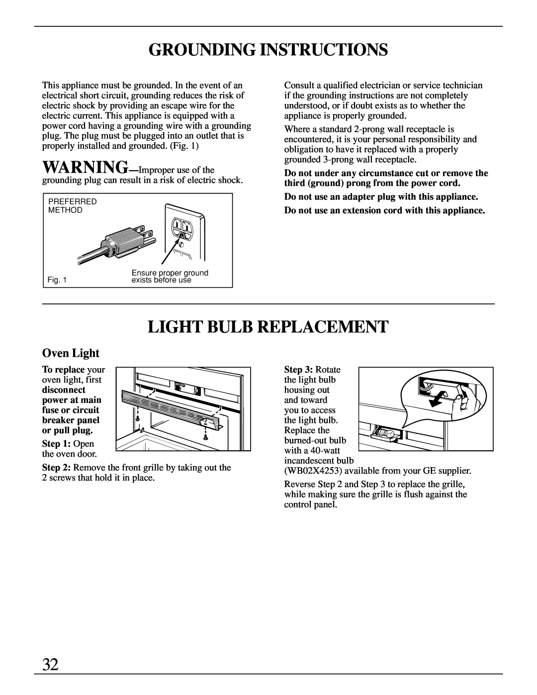 GE Monogram ZMC1095 owner manual Grounding Instructions, Light Bulb Replacement, Oven Light 